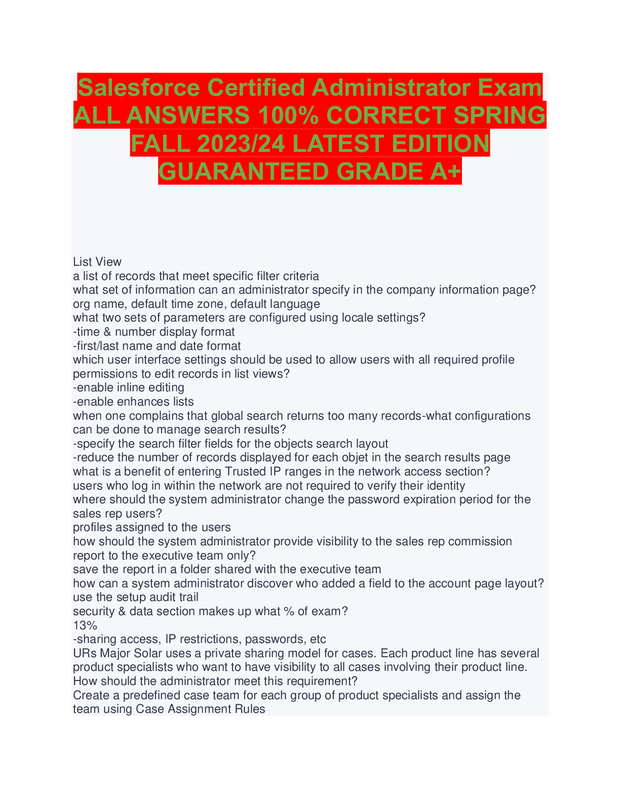 Preview image for Salesforce Certified Administrator Exam ALL ANSWERS 100% CORRECT SPRING FALL 2023/24 LATEST EDITION GUARANTEED GRADE A+